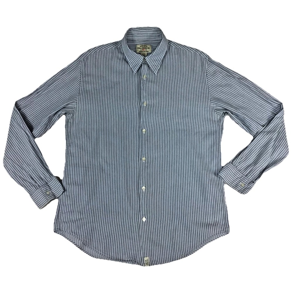Ralph Lauren Polo Jeans Co Men Large Blue White Striped Cotton Button Down Shirt